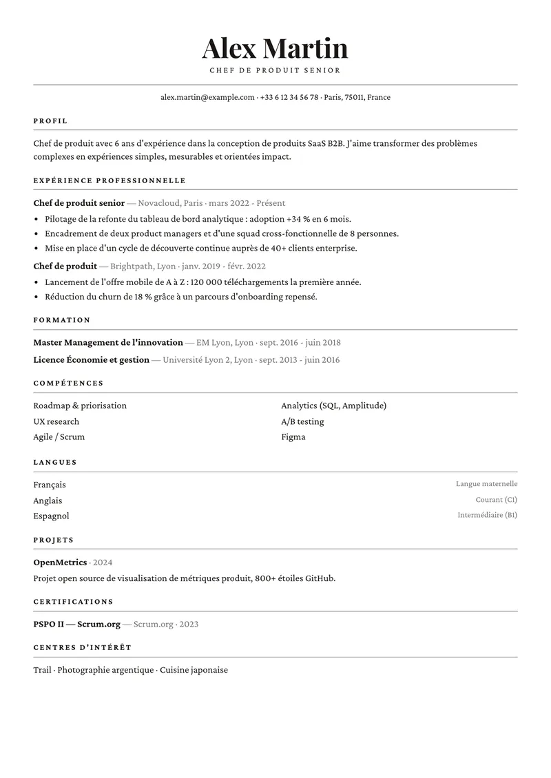 Modèle de CV Gazette, famille classique, mise en page sur une colonne