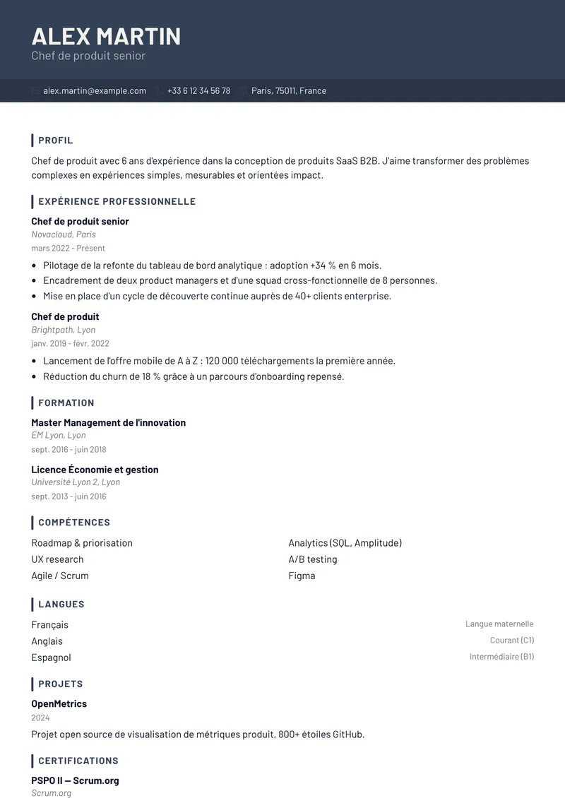 Modèle de CV Graphite, famille moderne, mise en page sur une colonne