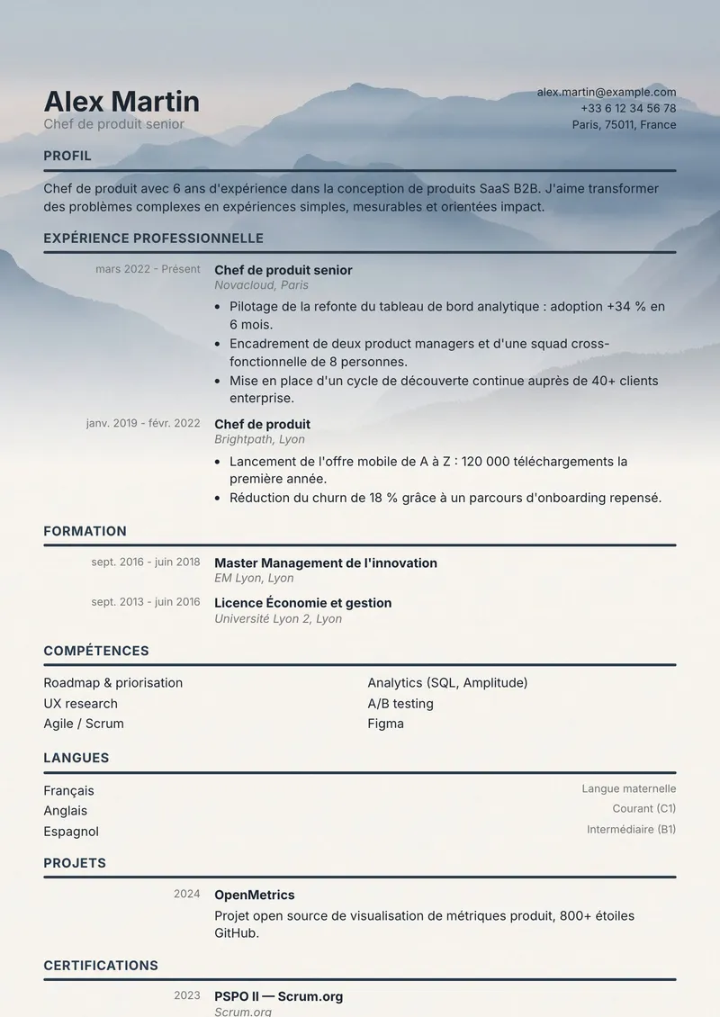 Modèle de CV Horizon, famille classique, mise en page sur une colonne