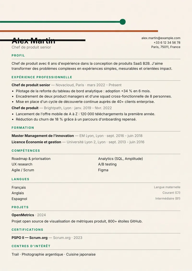 Modèle de CV Lignes, famille moderne, mise en page sur une colonne