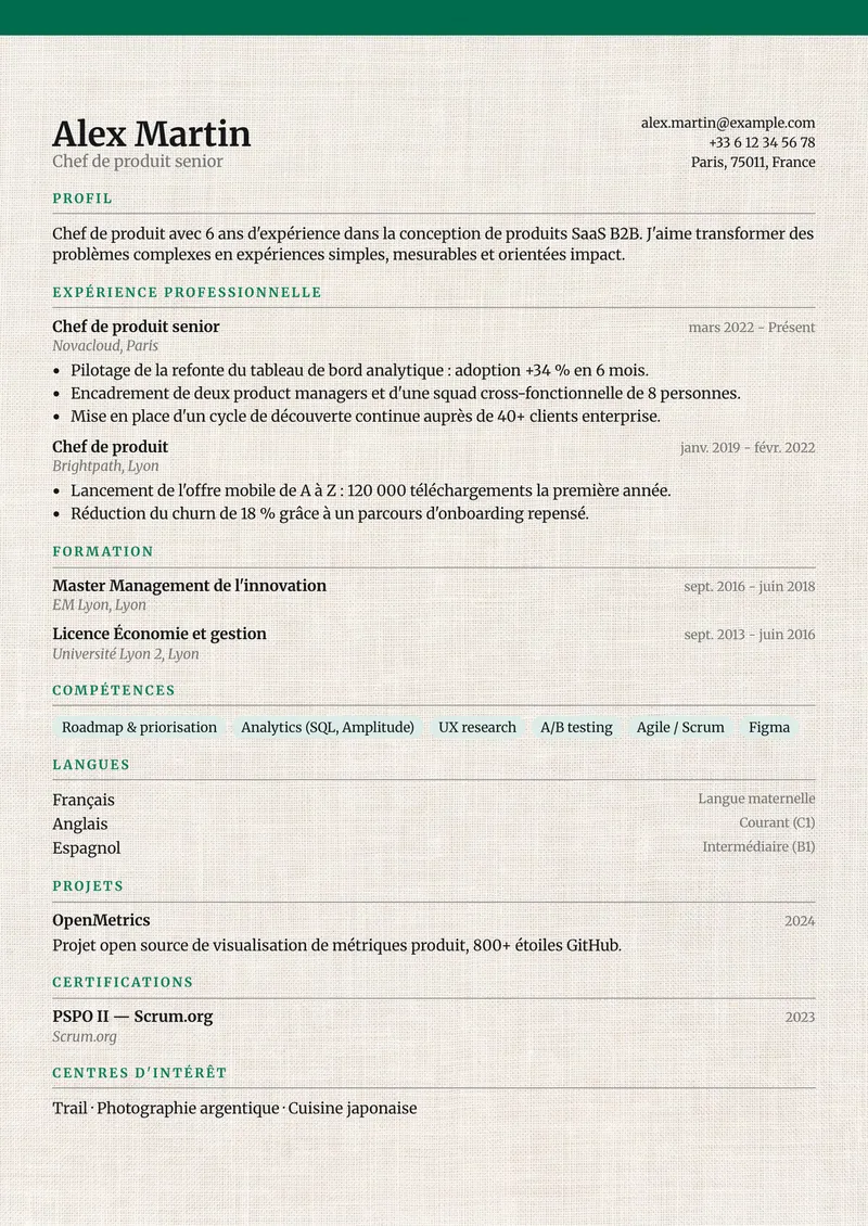Modèle de CV Lin, famille classique, mise en page sur une colonne