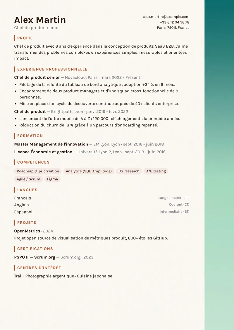 Modèle de CV Liseré, famille créative, mise en page sur une colonne