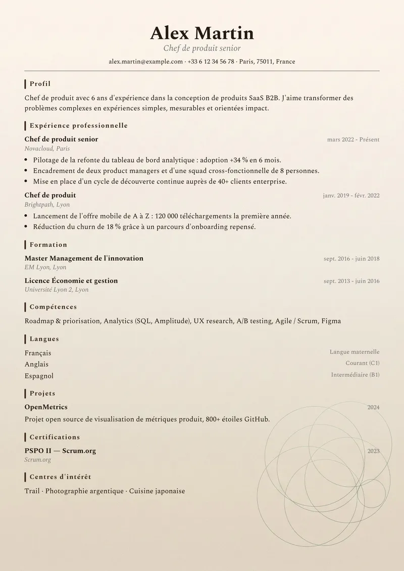 Modèle de CV Manuscrit, famille classique, mise en page sur une colonne
