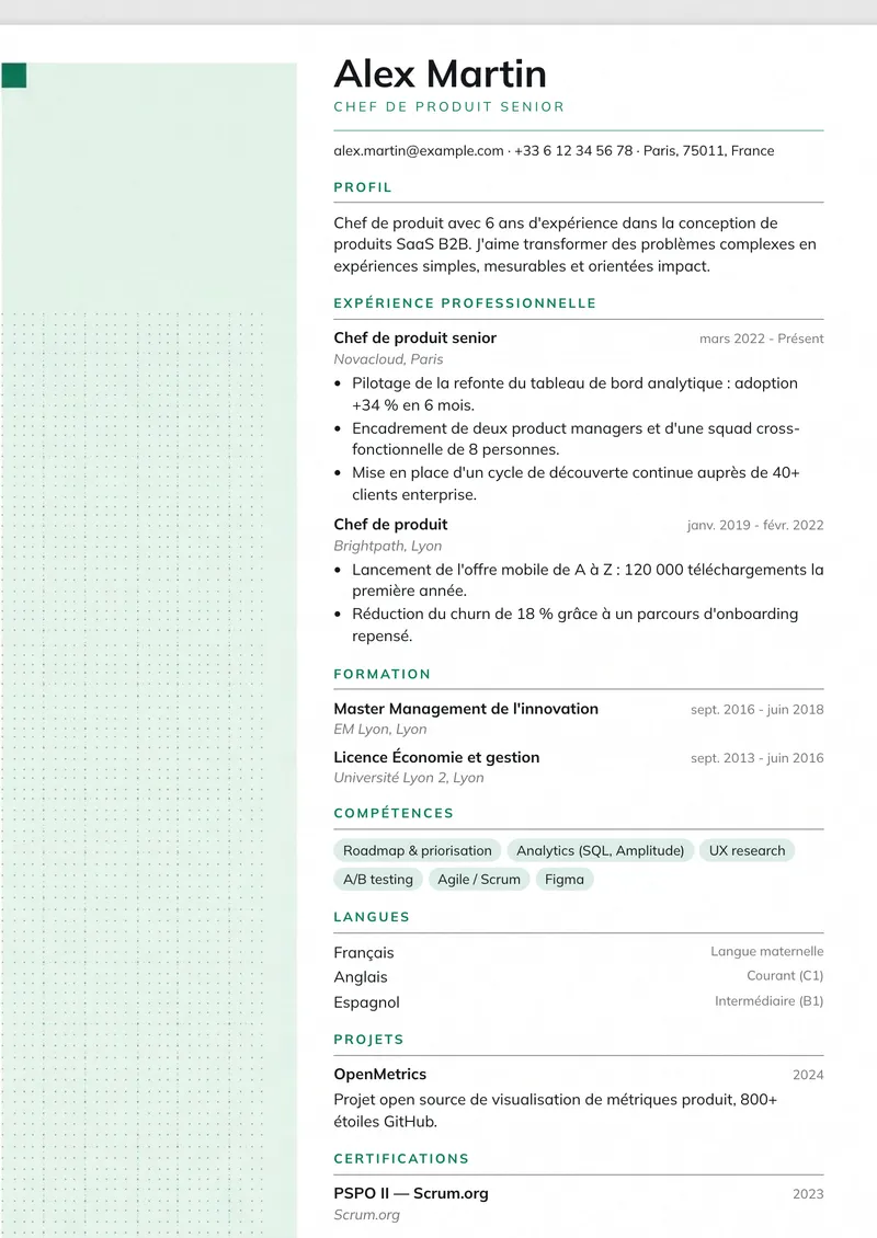 Modèle de CV Menthe, famille moderne, mise en page sur une colonne