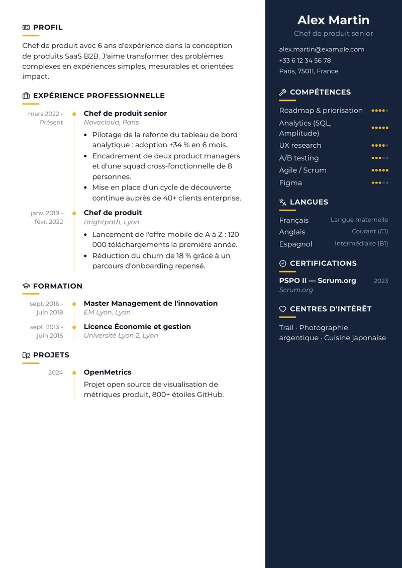 Modèle de CV Minuit, famille créative, colonne latérale à droite