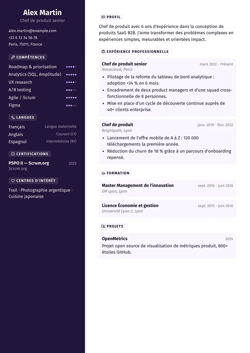 Modèle de CV Néon, famille créative, colonne latérale à gauche
