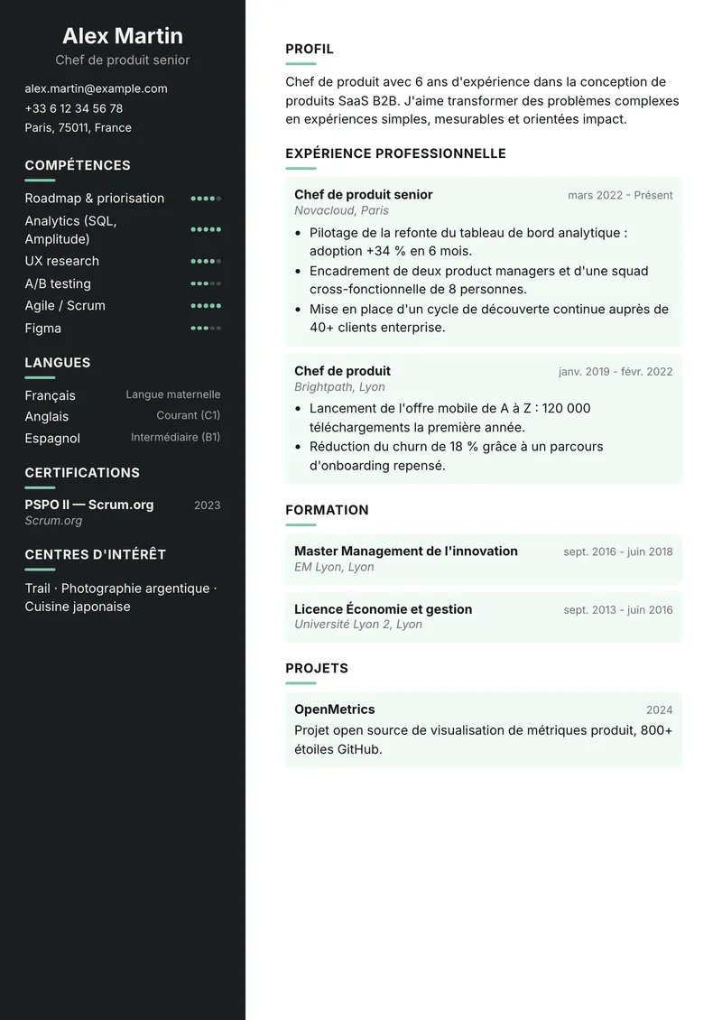 Modèle de CV Nuit, famille créative, colonne latérale à gauche