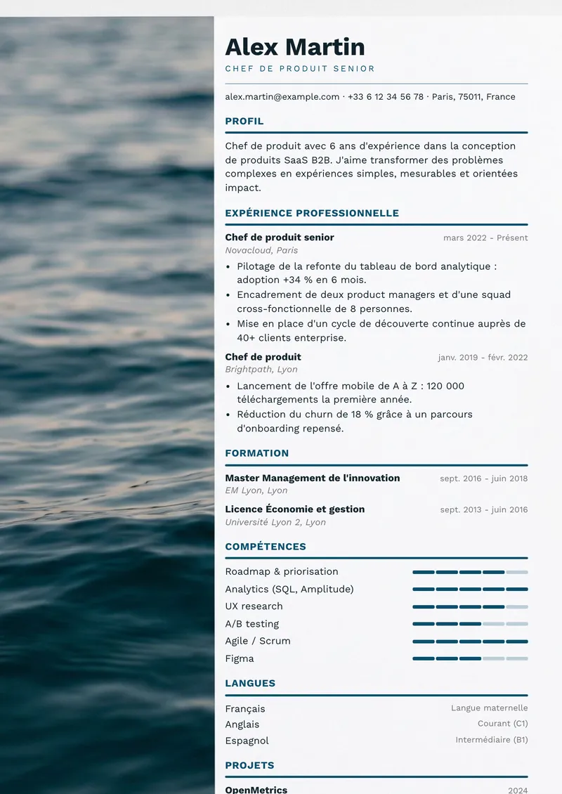Modèle de CV Océan, famille créative, mise en page sur une colonne