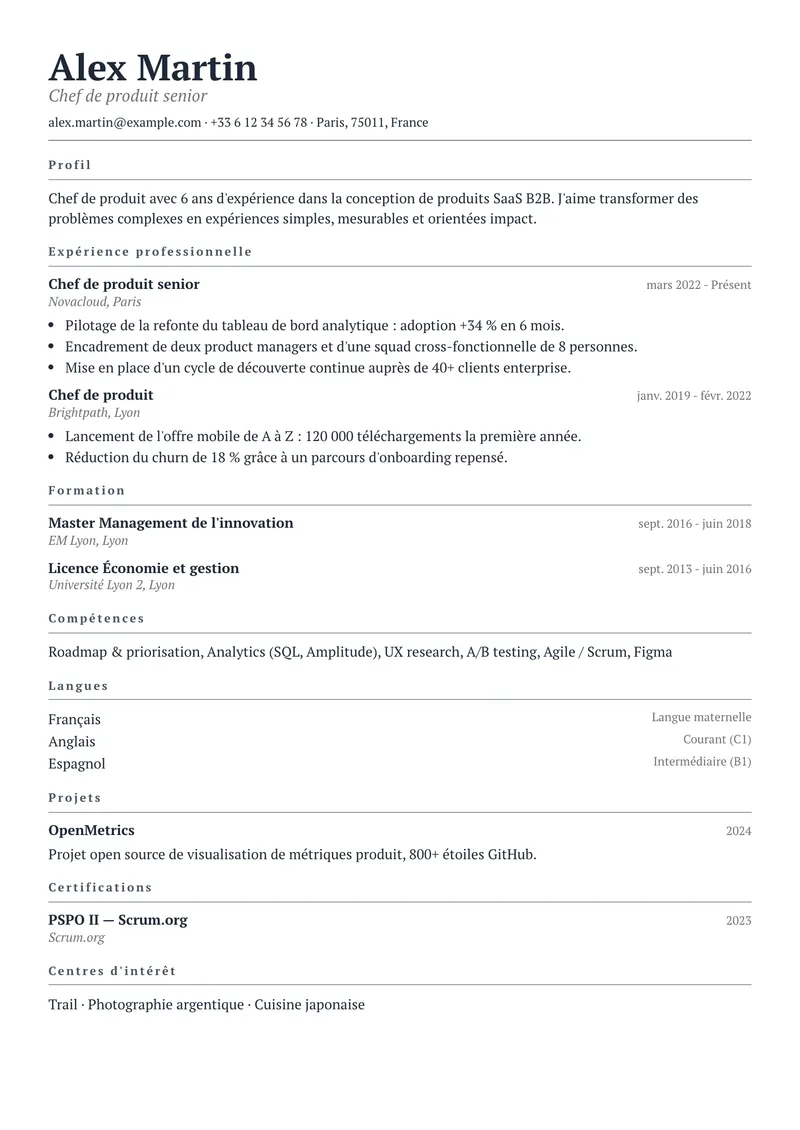 Modèle de CV Papier, famille simple, mise en page sur une colonne