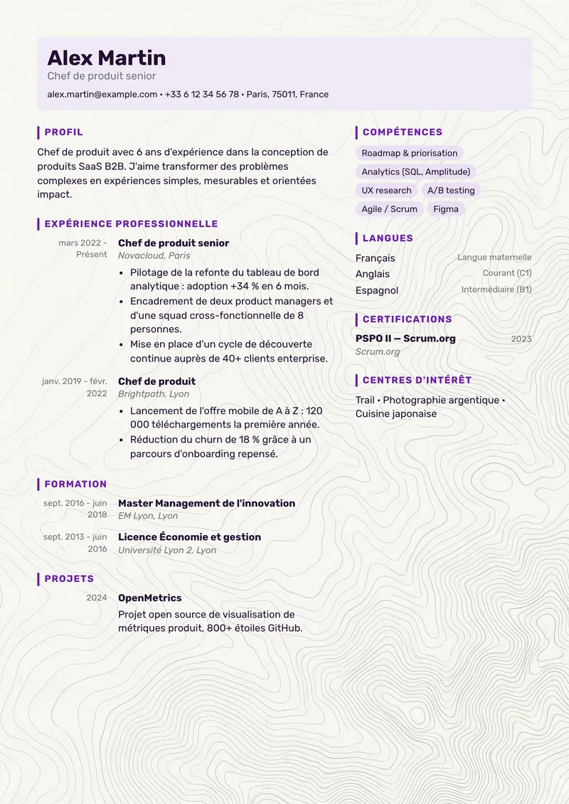 Modèle de CV Prisme, famille moderne, mise en page sur deux colonnes
