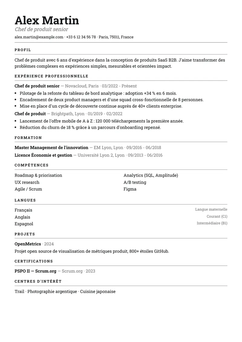 Modèle de CV Registre, famille simple, mise en page sur une colonne