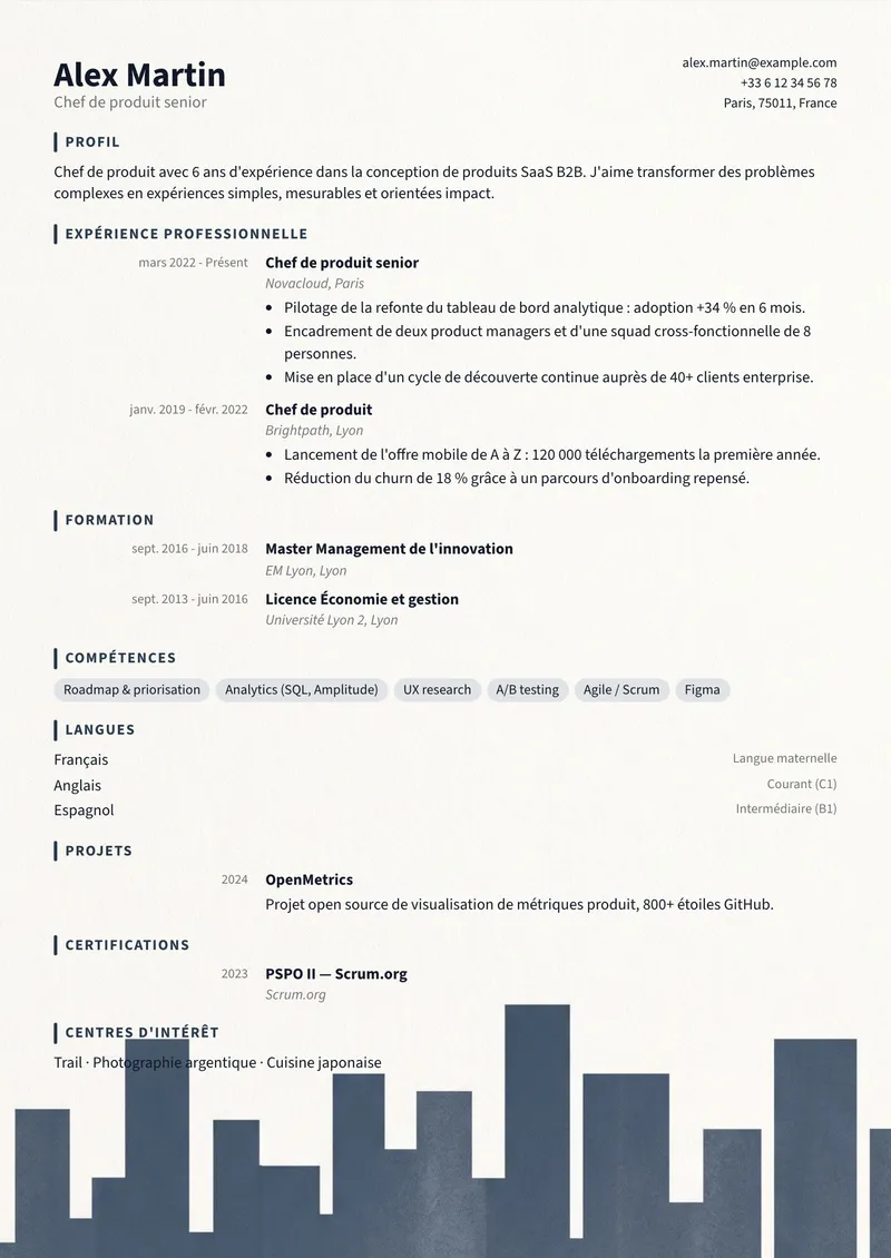 Modèle de CV Skyline, famille moderne, mise en page sur une colonne