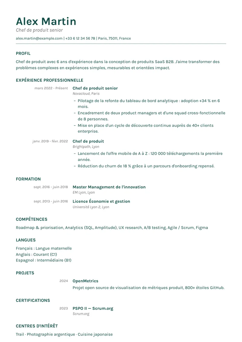 Modèle de CV Sobre, famille simple, mise en page sur une colonne