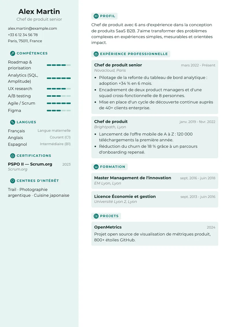 Modèle de CV Studio, famille moderne, colonne latérale à gauche