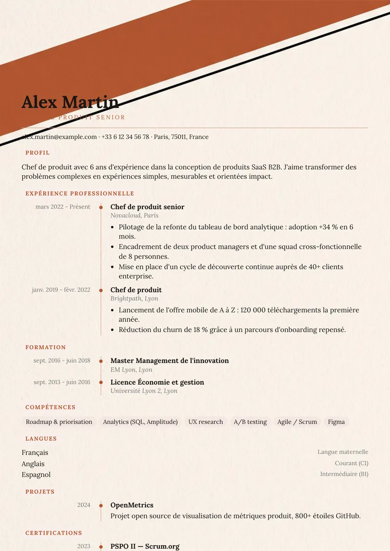 Modèle de CV Terracotta, famille créative, mise en page sur une colonne